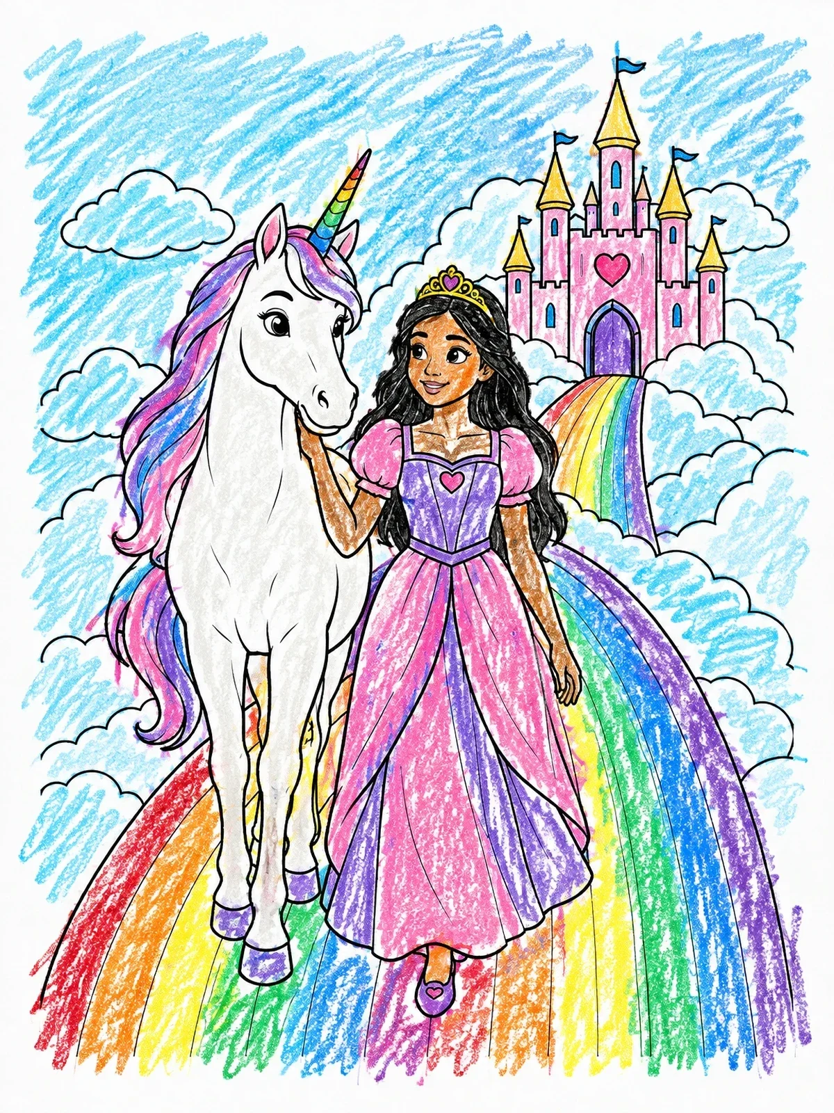 Colored example of the Princess And Unicorn On Rainbow Bridge coloring page