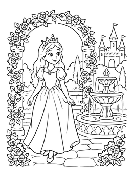 A sweet princess coloring page featuring a royal maiden walking past a garden fountain and rose arch.