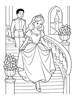 A smiling royal couple on this princess coloring page as she walks down a grand staircase.