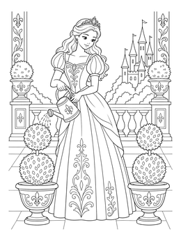 Detailed princess coloring page showing a royal lady watering topiary trees on a palace terrace.