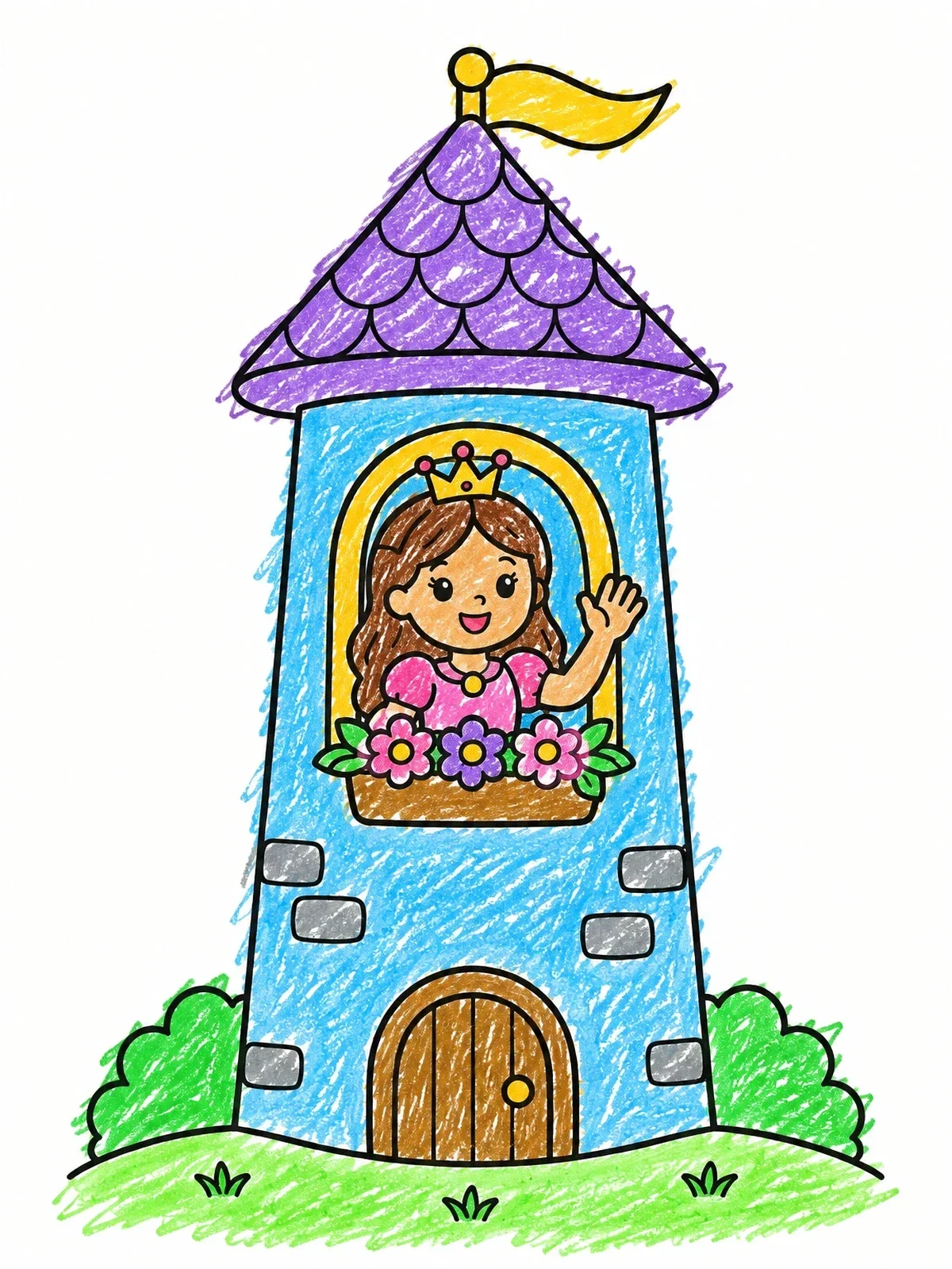 Colored example of the Princess Waving From Castle Tower coloring page