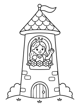 A friendly princess waves from a window on this cute castle coloring page.