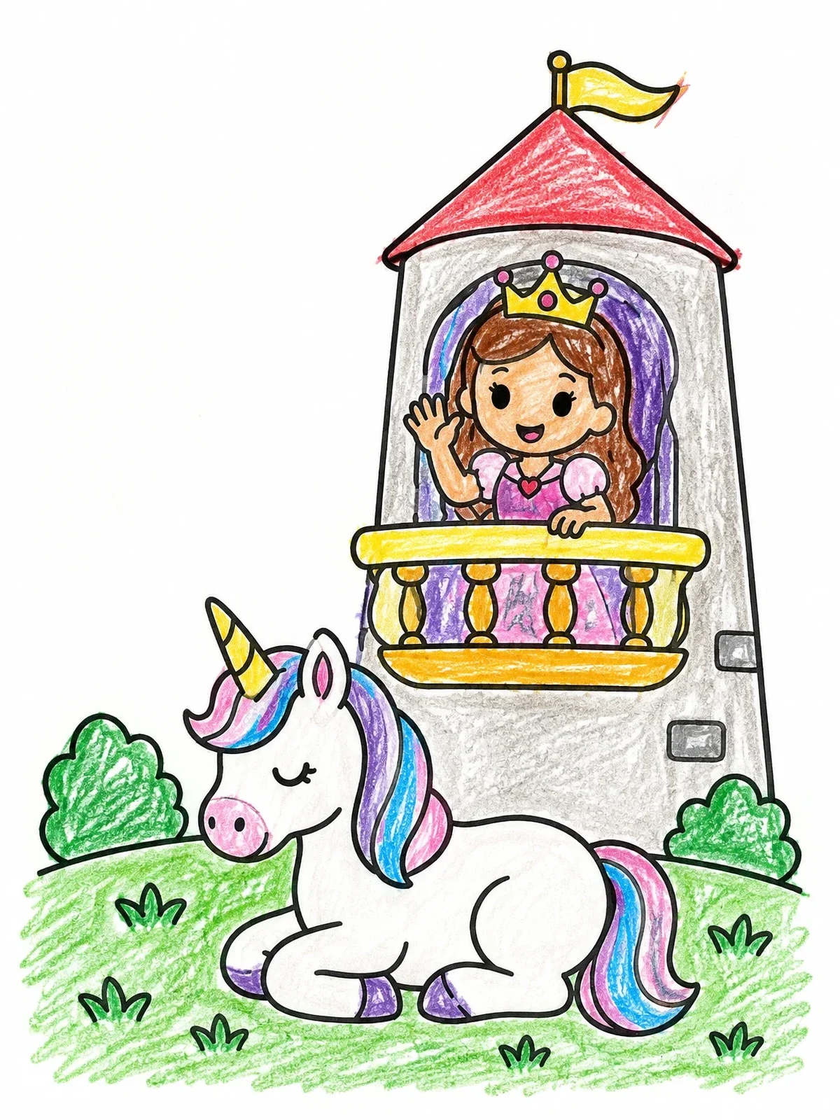 Colored example of the Princess Waving To Resting Unicorn coloring page