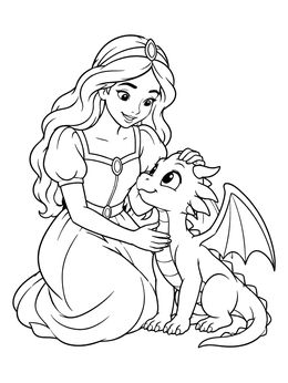 A gentle princess coloring page showing a princess kneeling and petting a cute baby dragon.