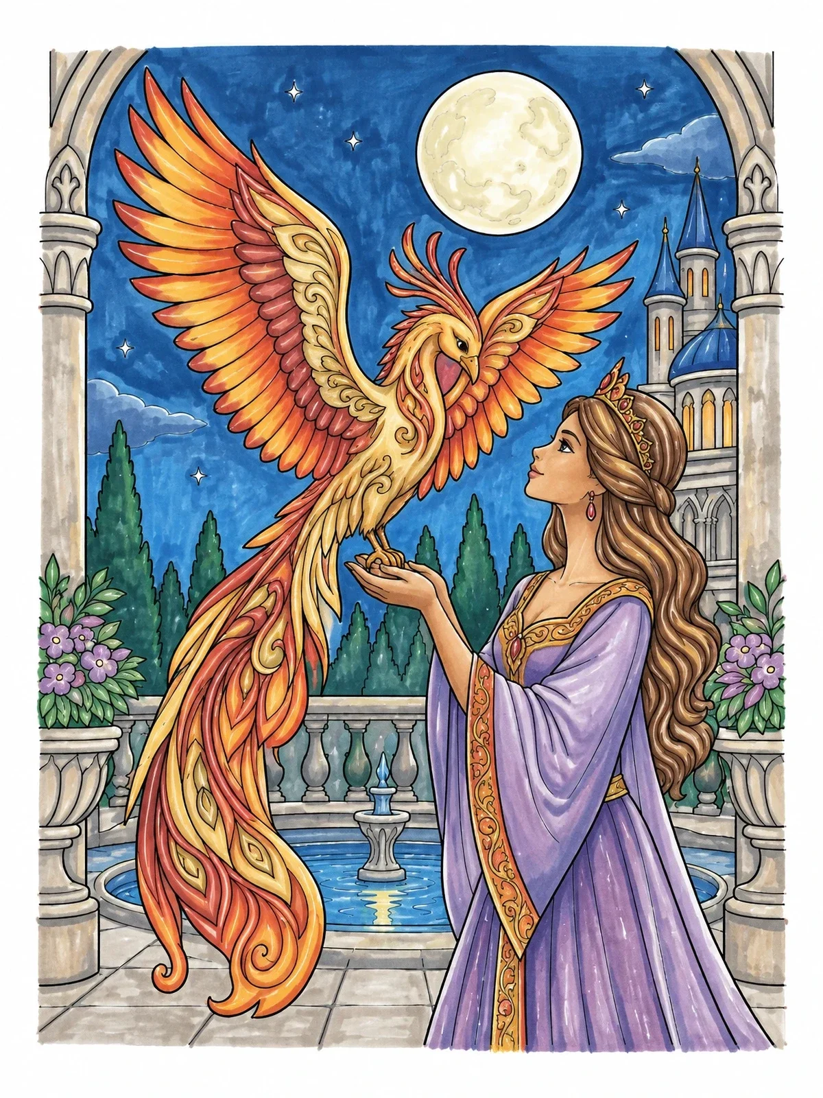 Colored example of the Princess With Radiant Firebird In Courtyard coloring page