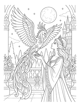 A princess greeting a magical creature on this detailed firebird coloring page.
