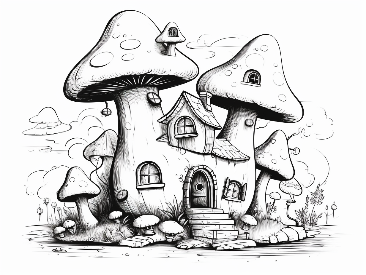 Printable Mushroom House Scene - Coloring Page