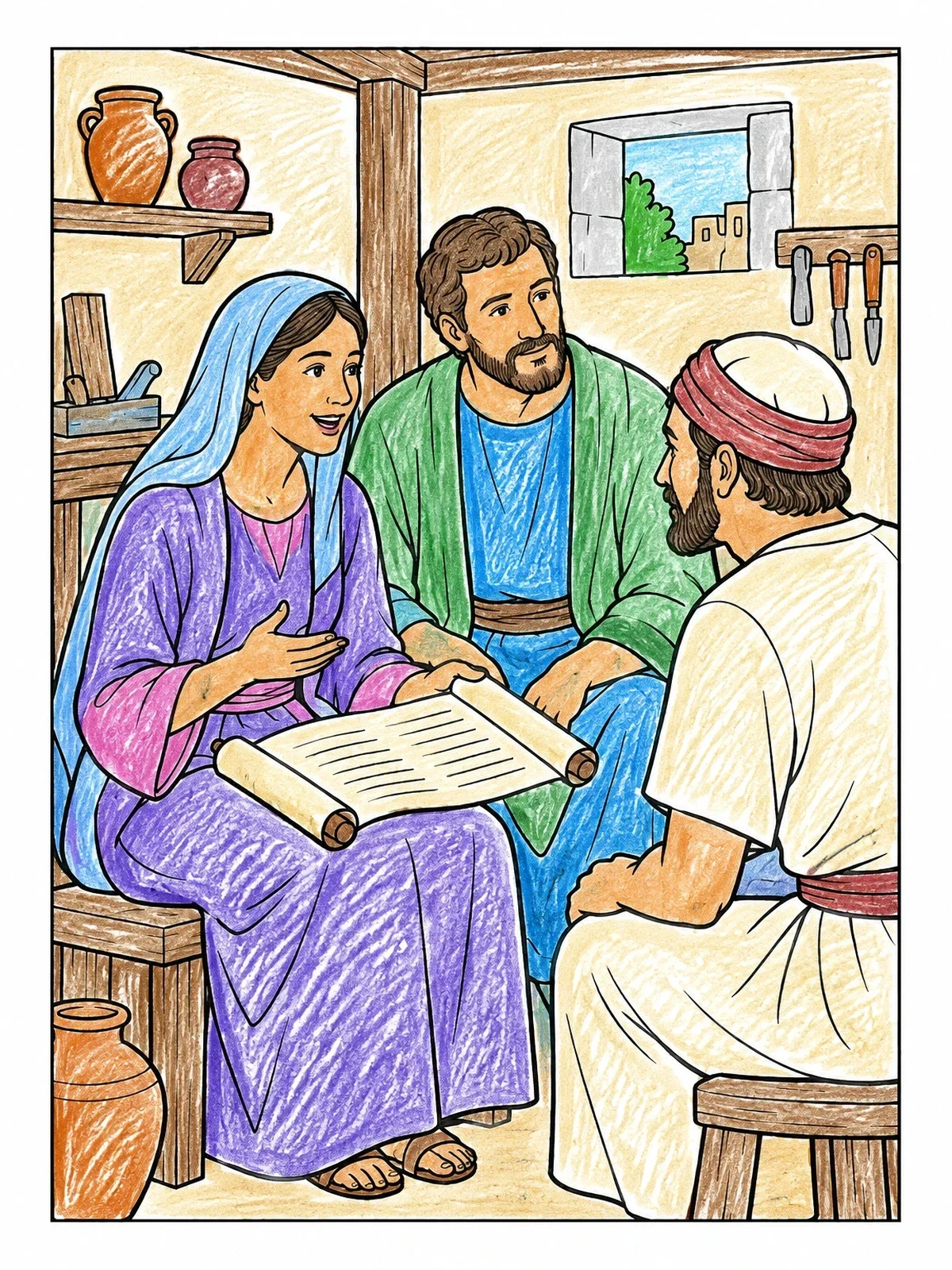 Colored example of the Priscilla And Aquila Teaching With Scripture Scroll coloring page