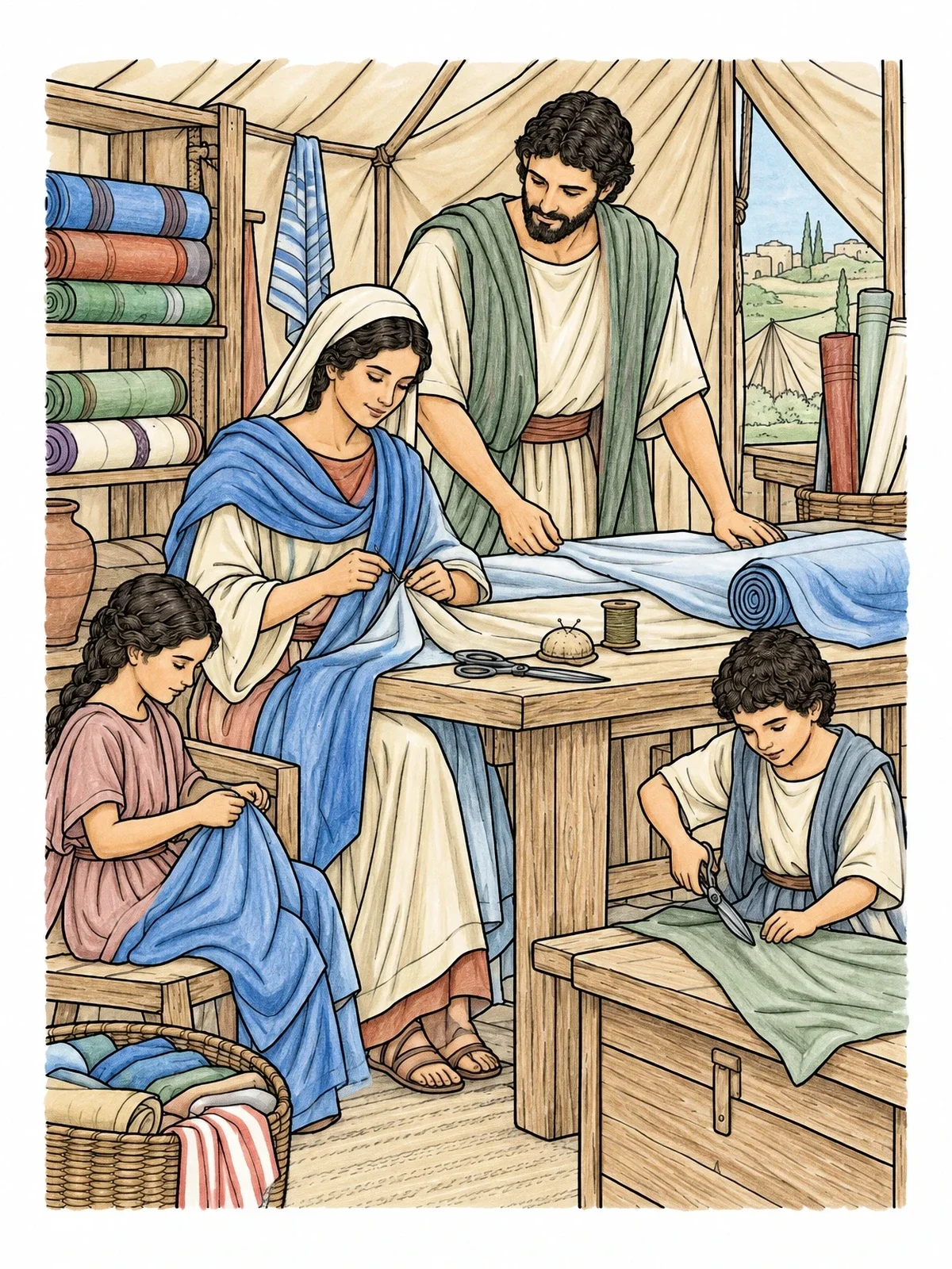 Colored example of the Priscilla And Aquila Tentmaker Workshop coloring page