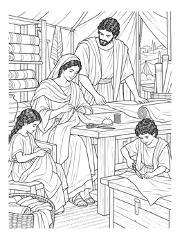 Ancient family workshop shown in this detailed aquila and priscilla coloring page.