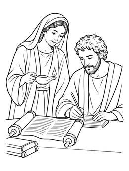 An inspiring aquila and priscilla coloring page featuring a woman holding a lamp over ancient scriptures as a man writes.