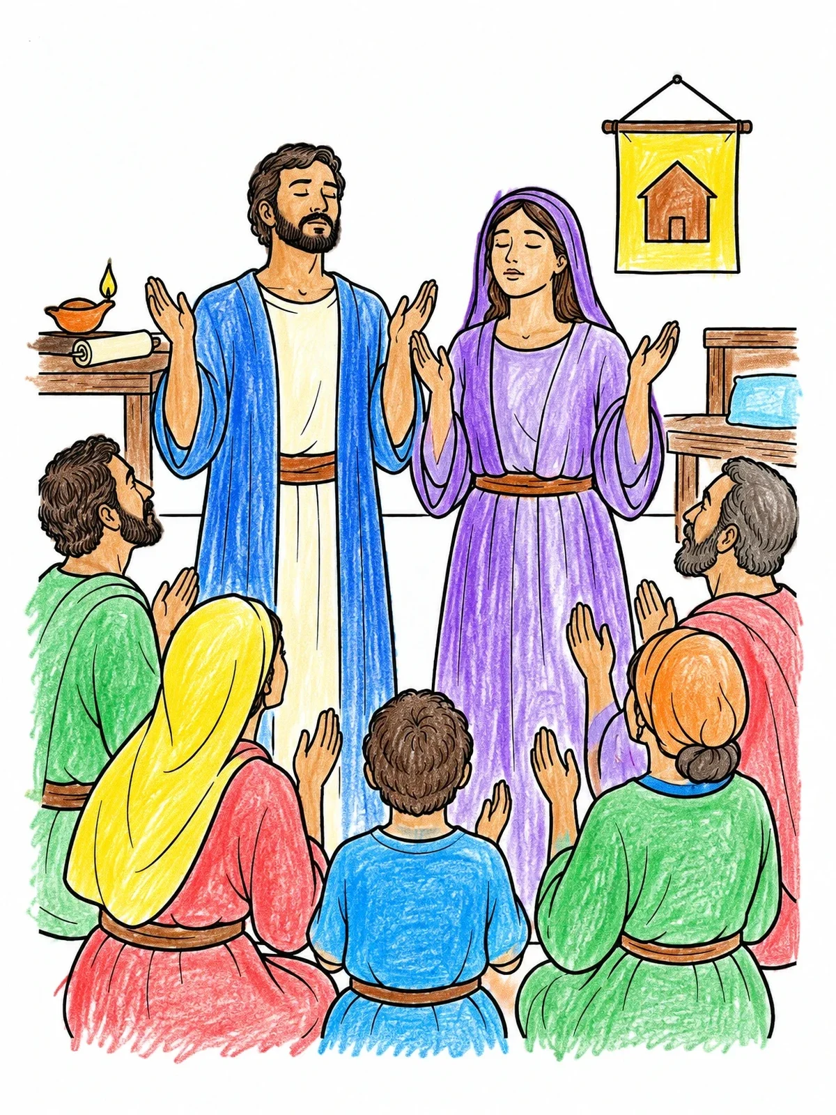Colored example of the Priscilla And Aquila Leading House Prayer coloring page
