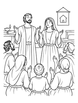 An aquila and priscilla coloring page showing the early church couple leading a group in prayer with raised hands.