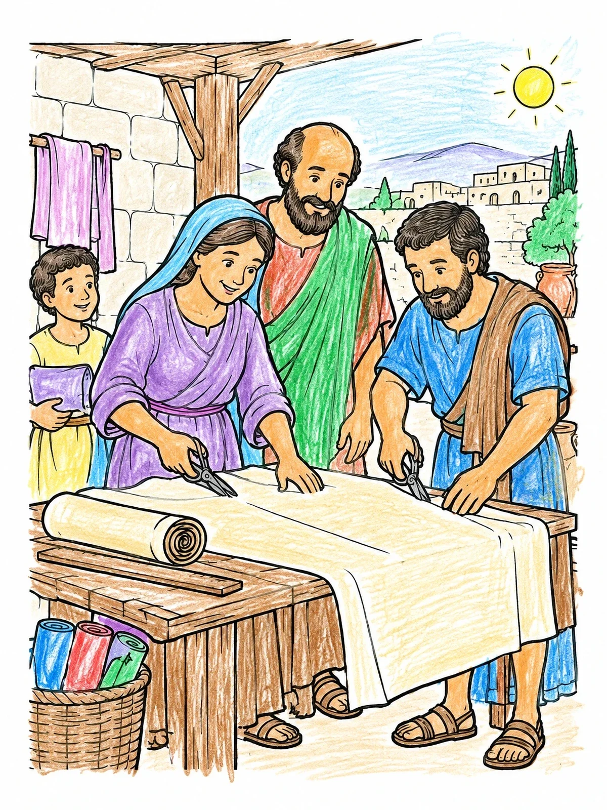 Colored example of the Priscilla, Aquila, And Paul Making Tents coloring page