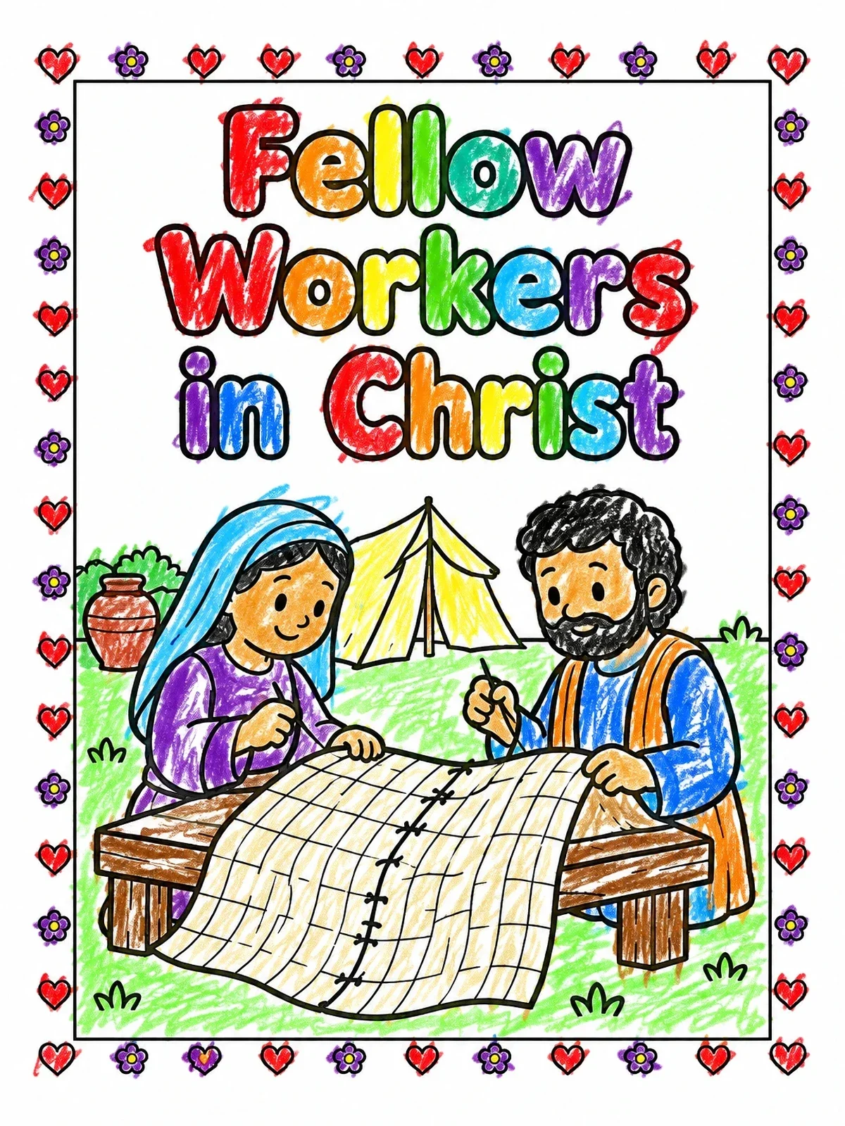 Colored example of the Priscilla And Aquila Tentmaking Together coloring page