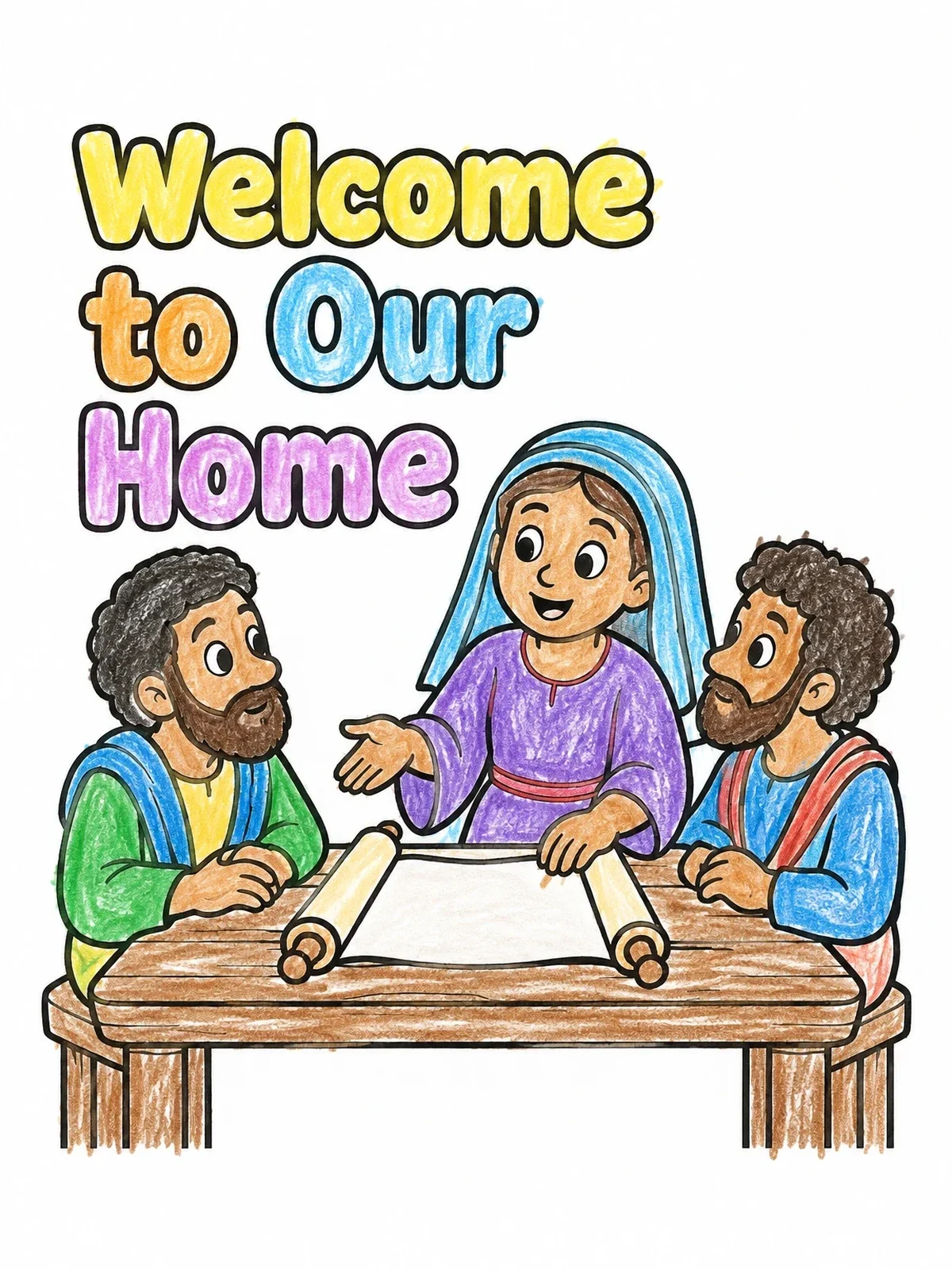Colored example of the Priscilla And Aquila Welcome Apollos coloring page