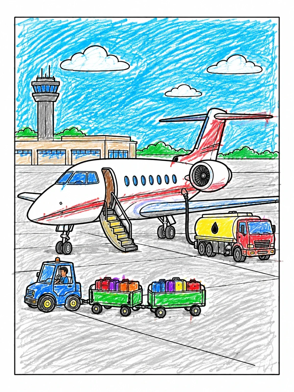 Colored example of the Private Jet On The Airport Apron coloring page