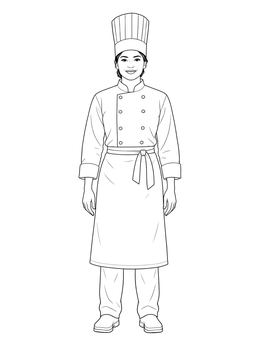 A chef coloring page featuring a woman standing in full culinary uniform, toque hat, and apron.