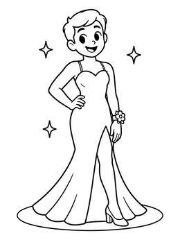 A cheerful girl wearing an elegant gown in this dress coloring page.
