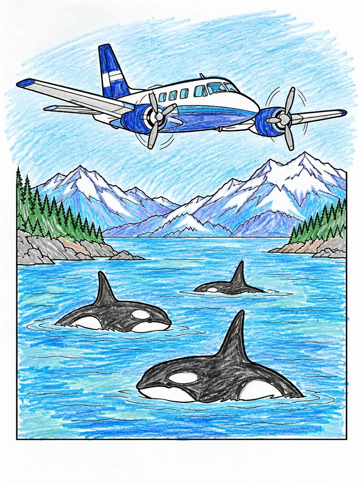 Colored example of the Propeller Plane Over Alaska Orca Bay coloring page