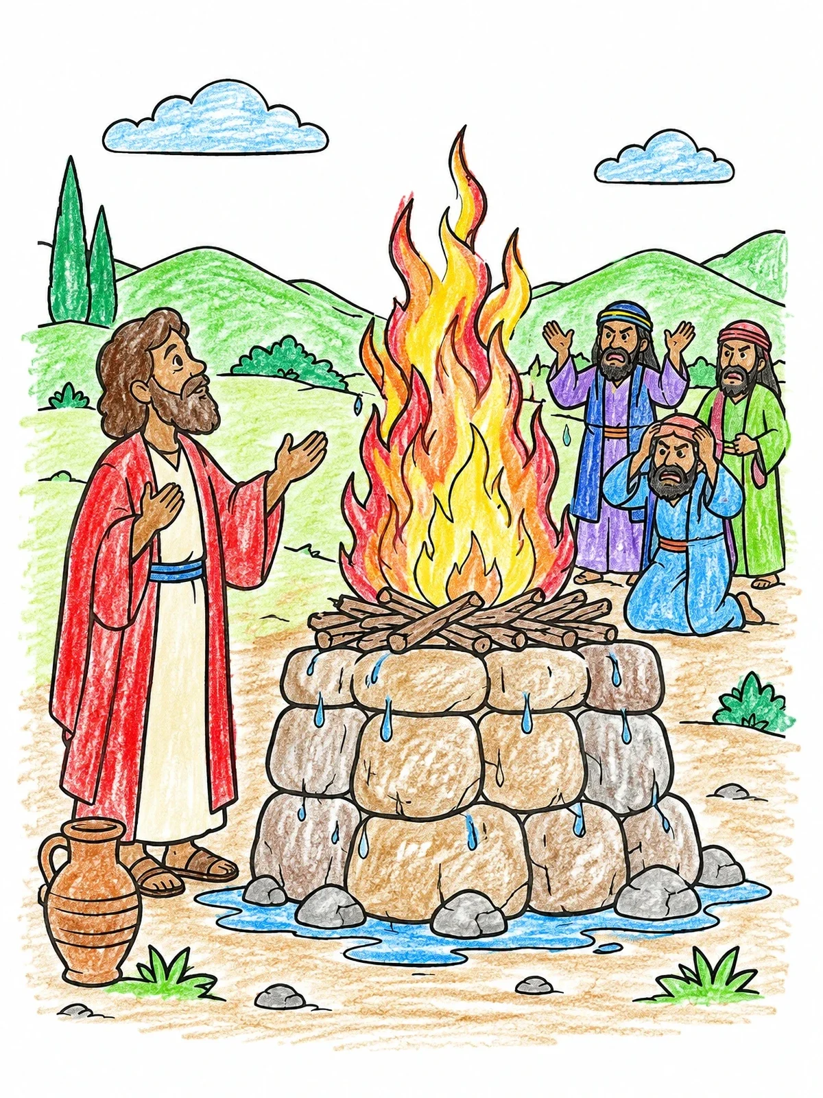 Colored example of the Prophet Elijah And The Fiery Altar coloring page
