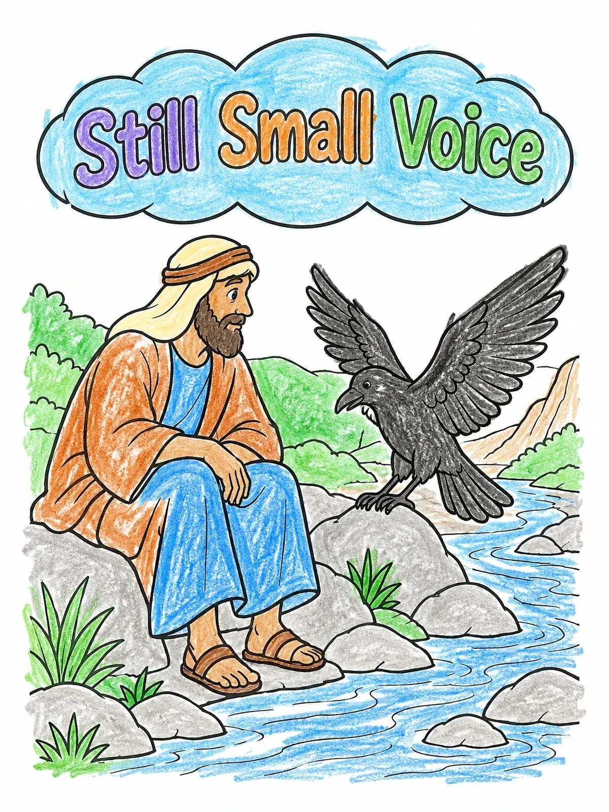 Colored example of the Prophet Elijah And The Raven By The Brook coloring page