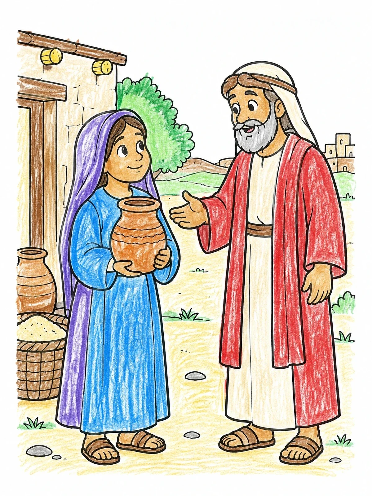 Colored example of the Prophet Elijah And The Kind Widow coloring page