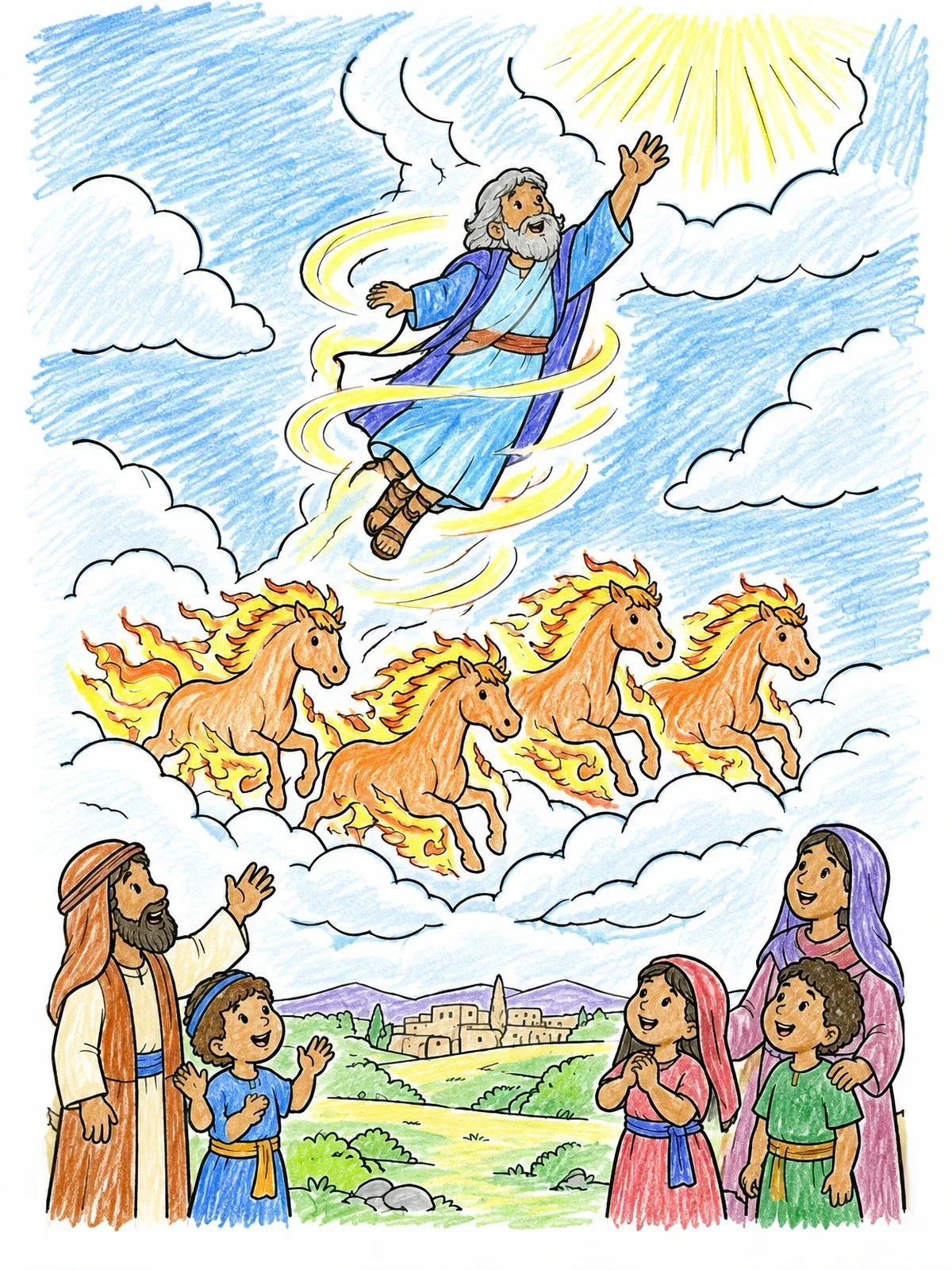 Colored example of the Prophet Elijah Ascending Into Heaven coloring page