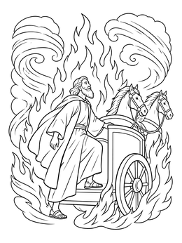 Elijah stepping into a fiery horse-drawn chariot on this elijah coloring page.