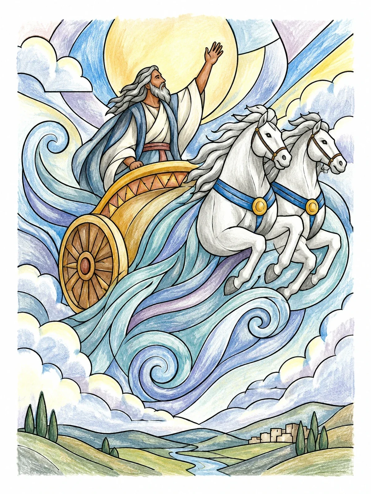 Colored example of the Prophet Elijah In Heavenly Chariot coloring page