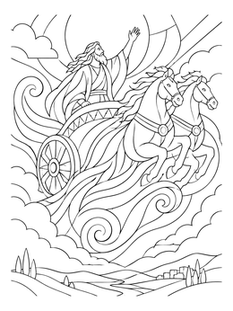 An elijah coloring page showing the prophet waving from a heavenly chariot drawn by horses.