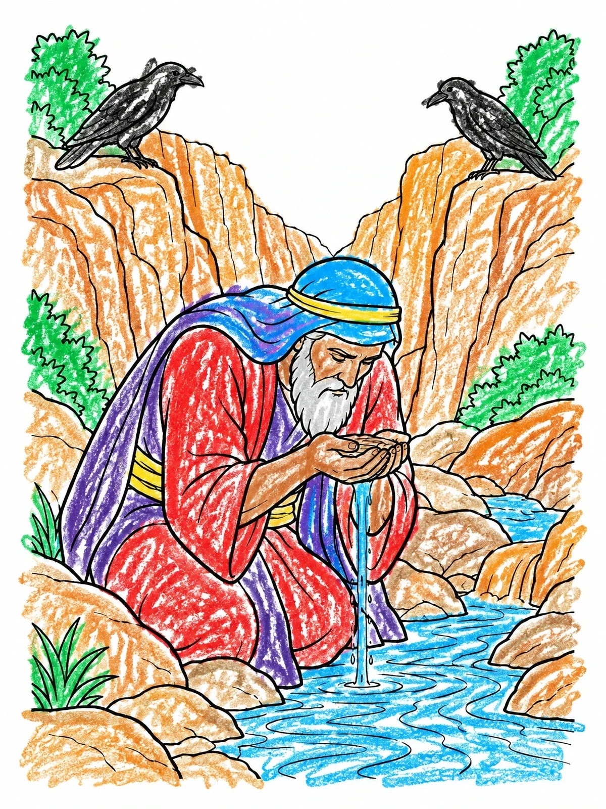 Colored example of the Prophet Elijah Drinking From The Brook coloring page