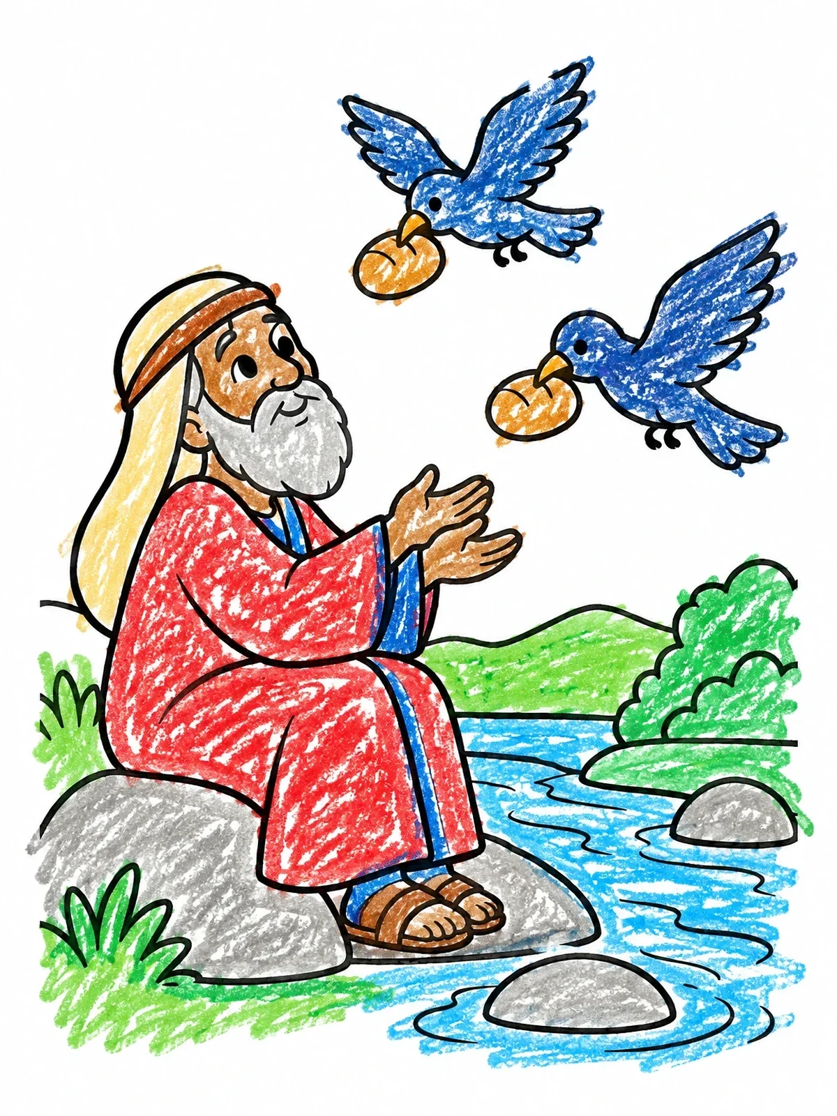 Colored example of the Prophet Elijah Fed By Birds coloring page