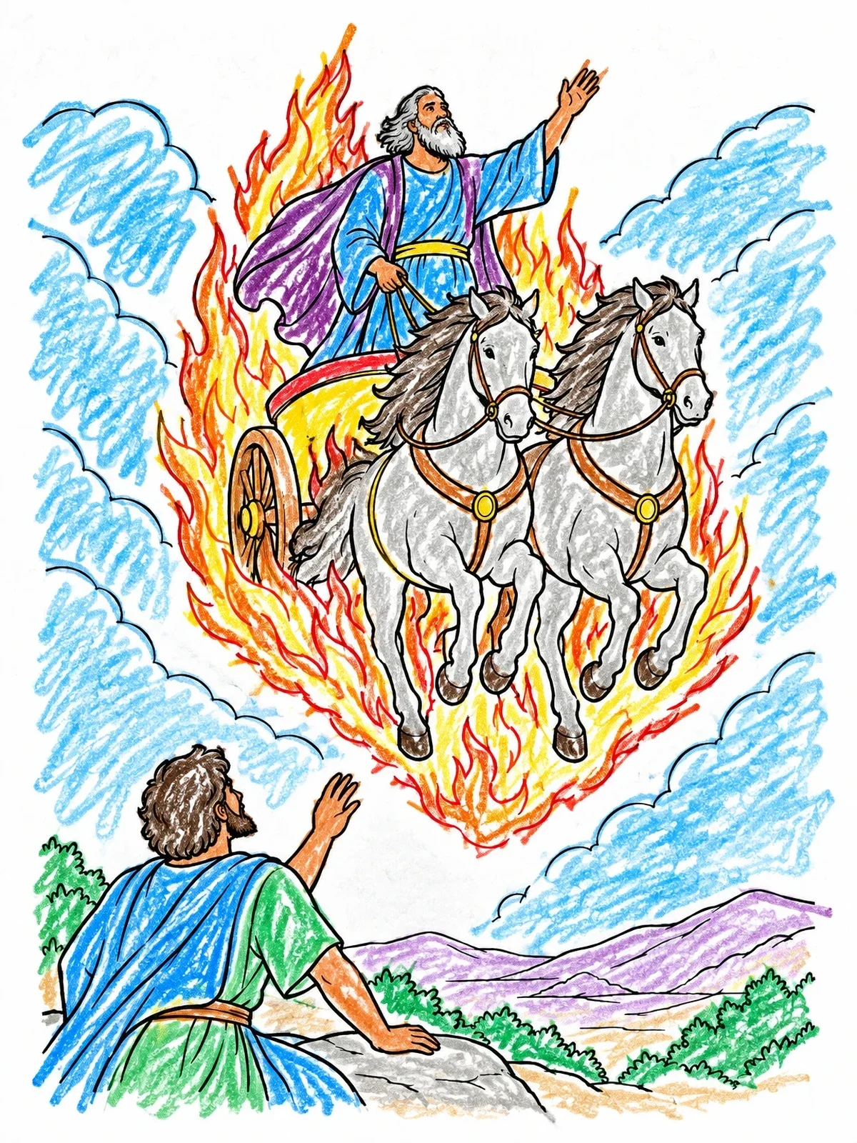 Colored example of the Prophet Elijah Ascending To Heaven coloring page