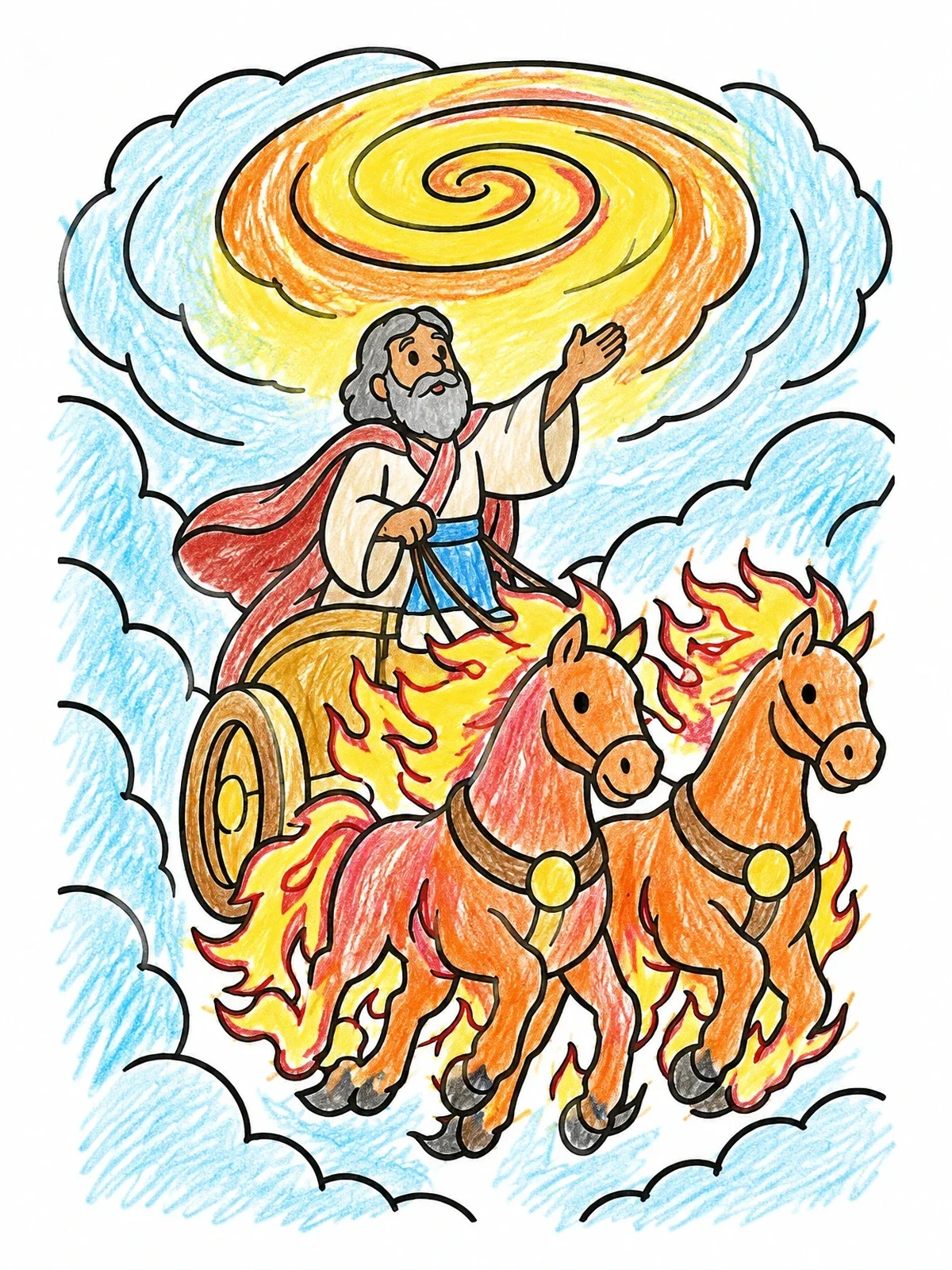 Colored example of the Prophet Elijah In Fiery Chariot coloring page