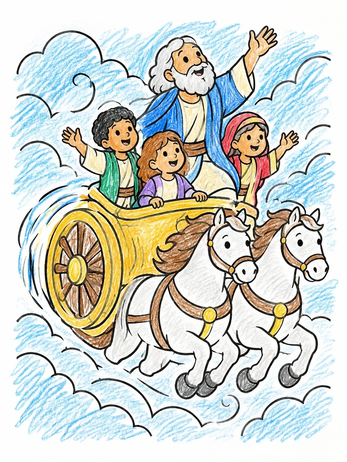 Colored example of the Prophet Elijah Riding Heavenly Chariot coloring page