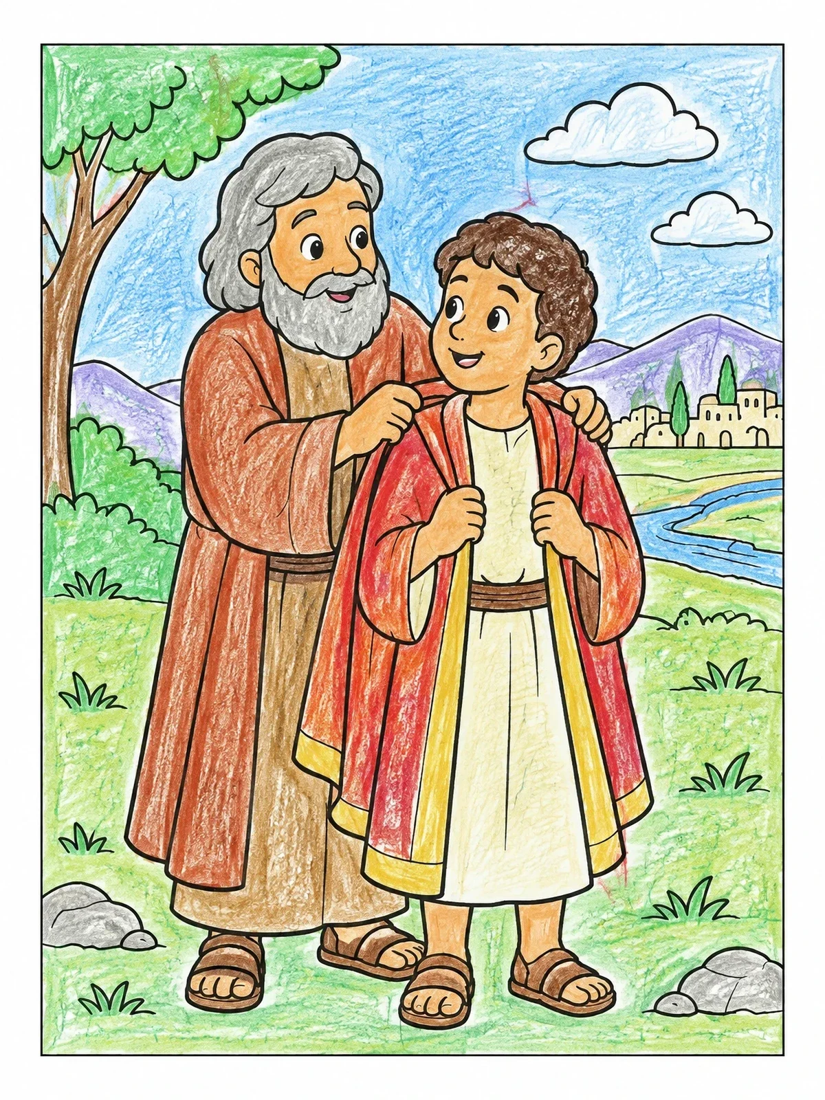 Colored example of the Prophet Elijah Placing Cloak On Elisha coloring page