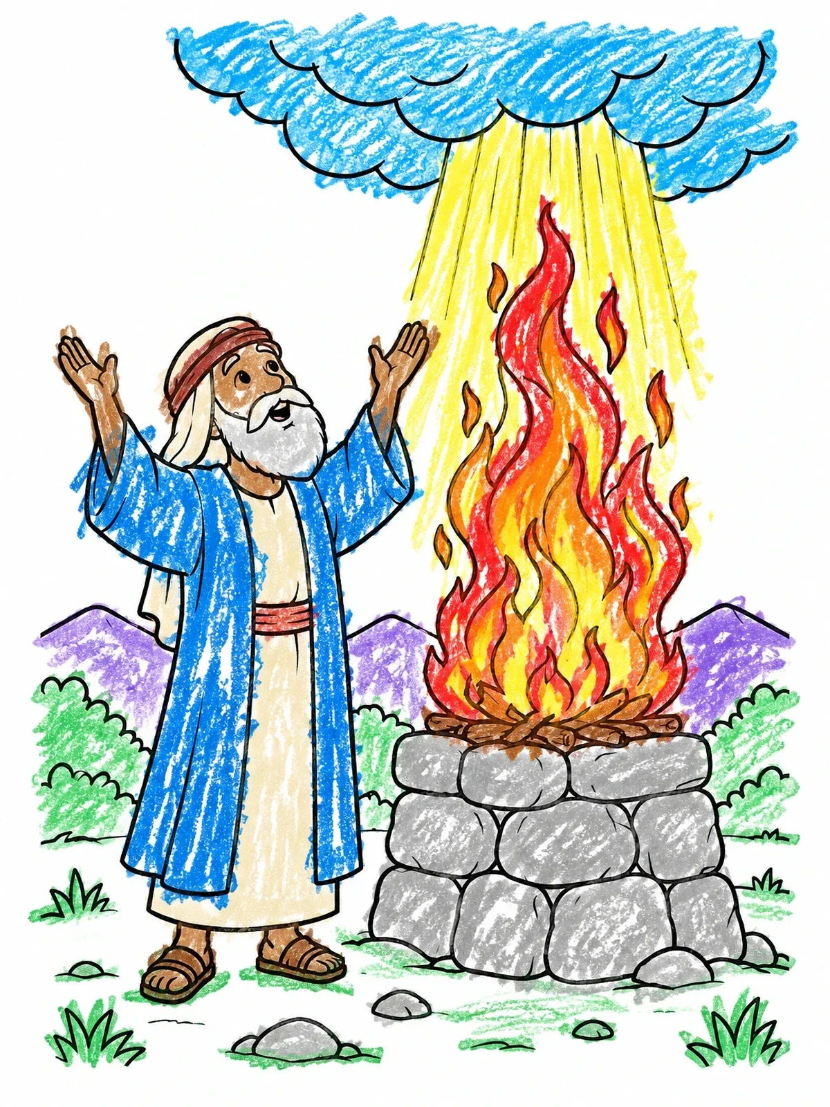 Colored example of the Prophet Elijah And The Fiery Altar coloring page