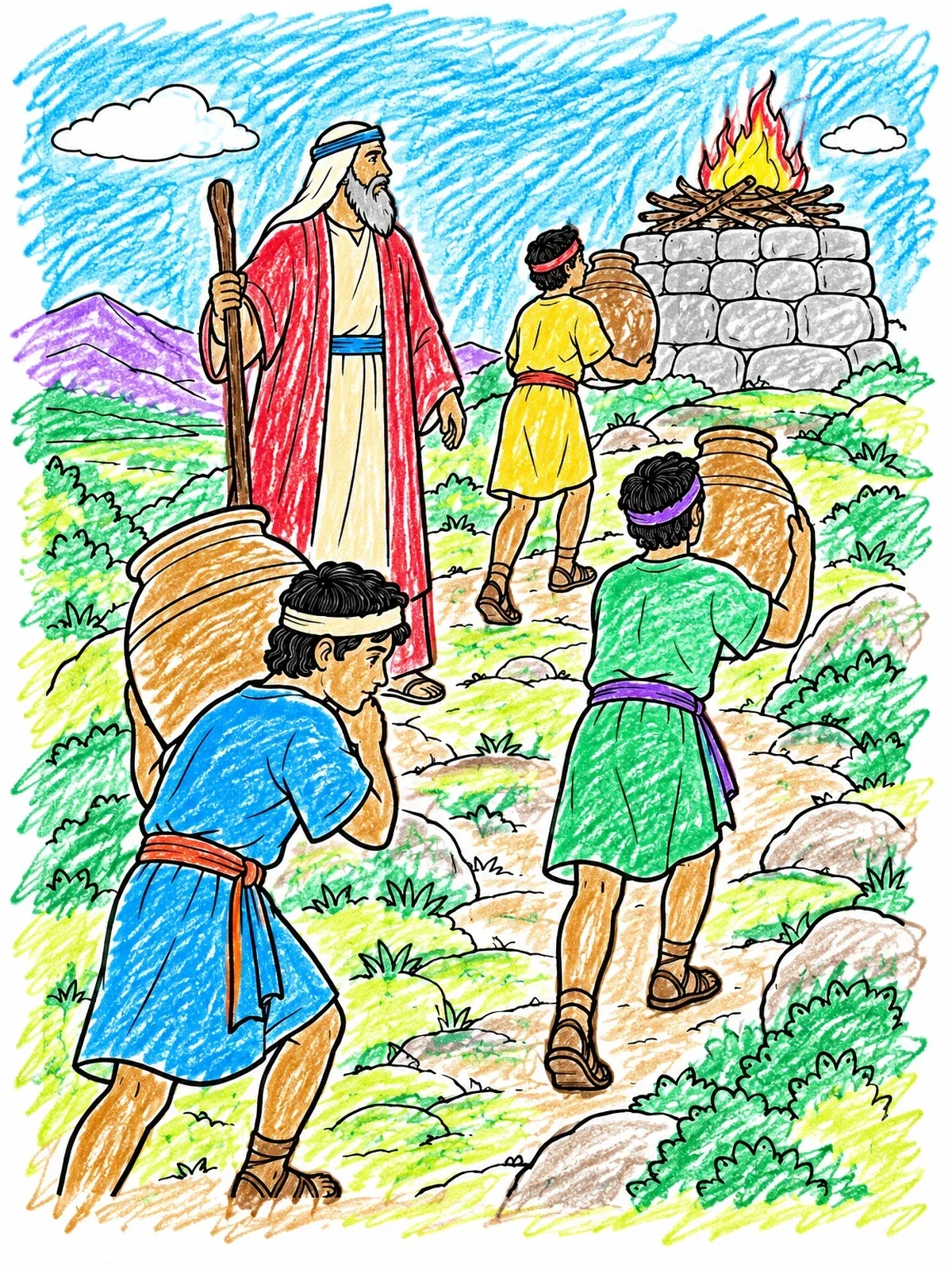 Colored example of the Prophet Elijah And Water Carriers coloring page