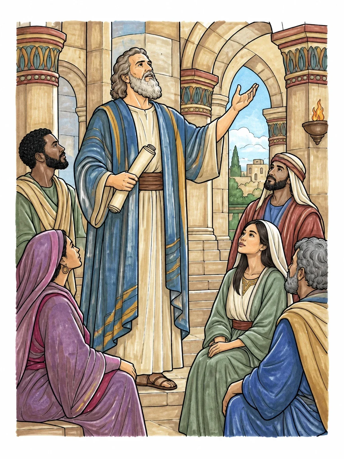 Colored example of the Prophet Isaiah Teaching By The Temple coloring page