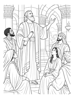A detailed isaiah coloring page showing the prophet speaking to people near grand stone columns.