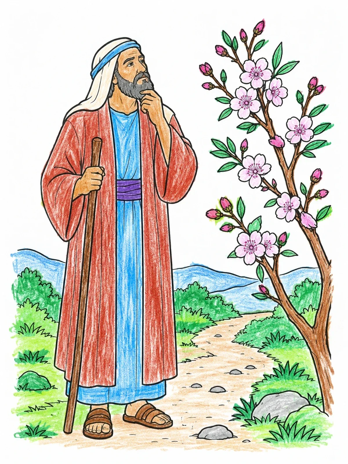Colored example of the Prophet Jeremiah And Almond Blossom coloring page