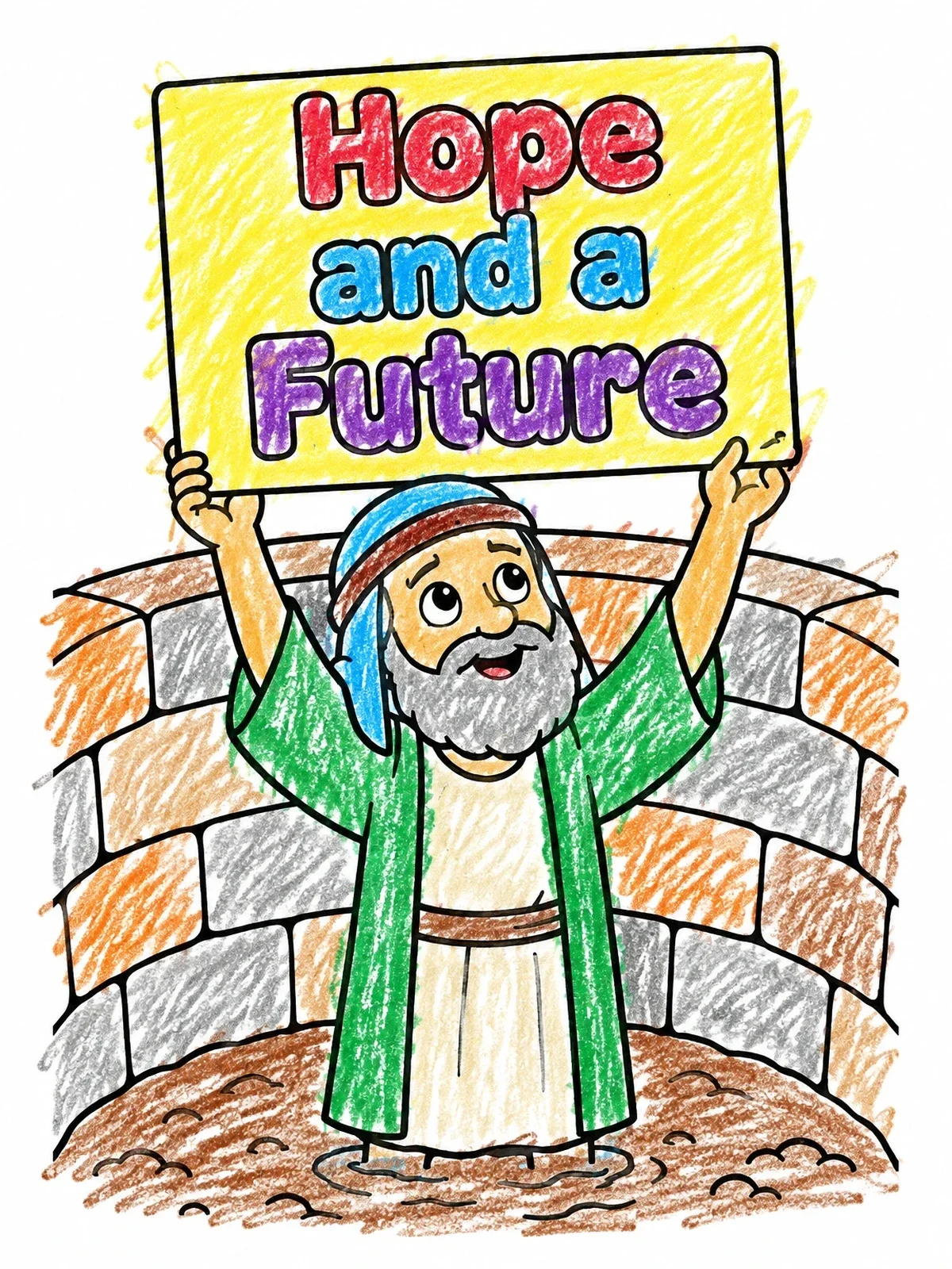 Colored example of the Jeremiah In The Cistern With Sign coloring page