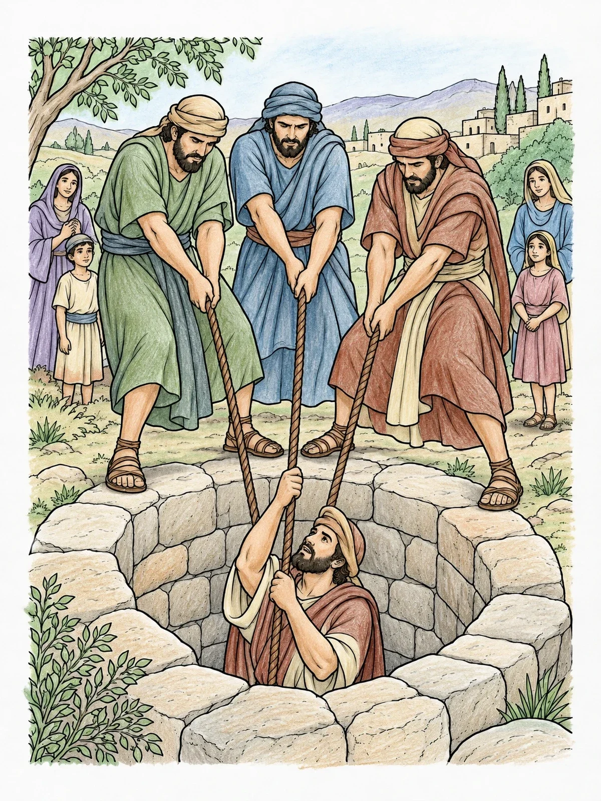 Colored example of the Rescuing Jeremiah From The Cistern coloring page