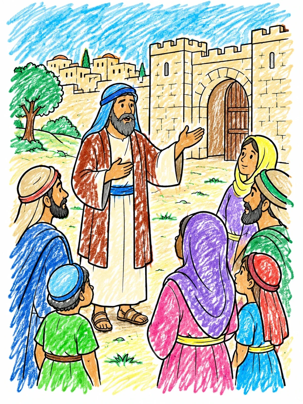 Colored example of the Prophet Jeremiah Teaching At The City Gate coloring page