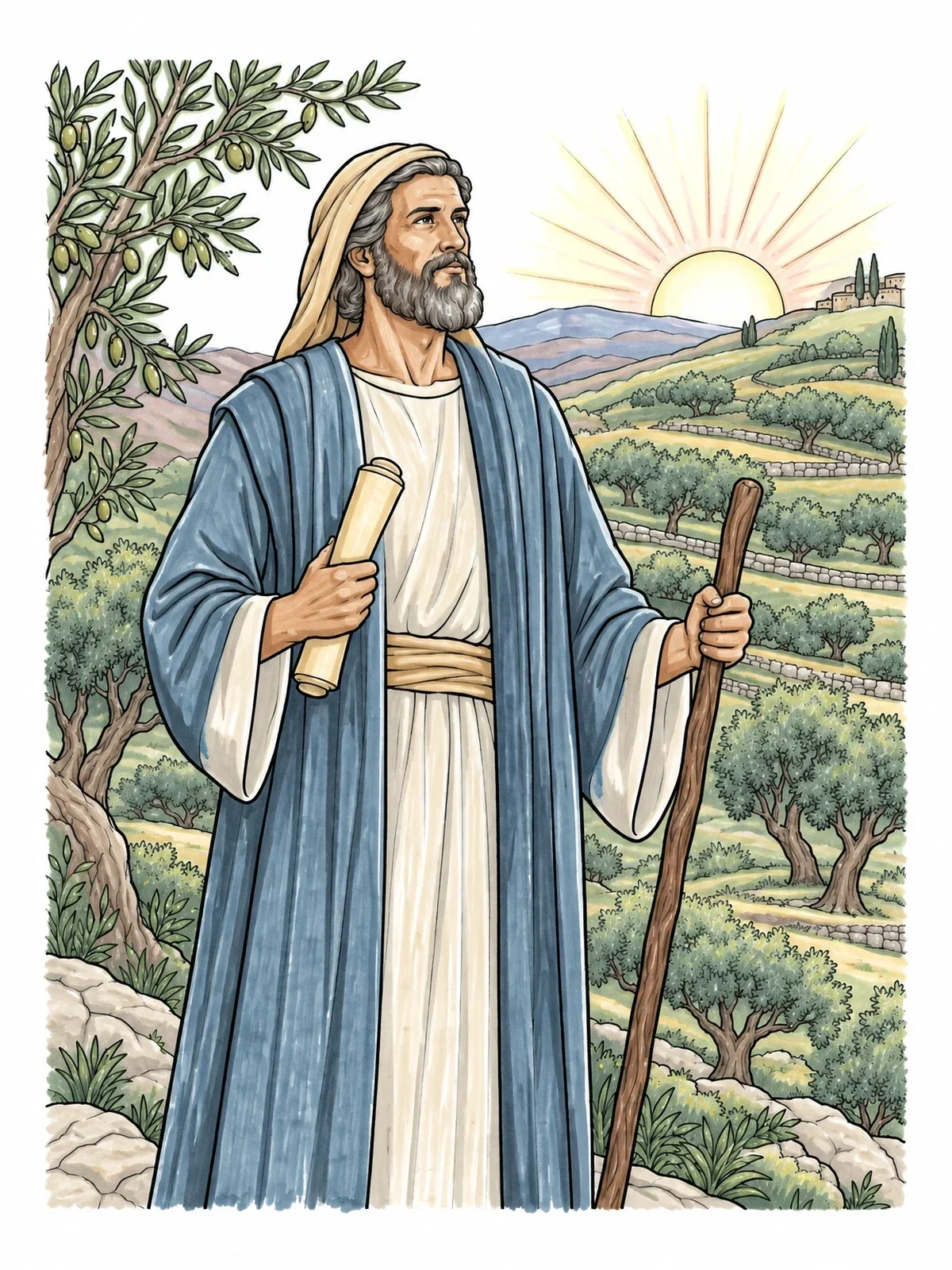 Colored example of the Prophet Malachi In Olive Groves coloring page