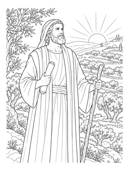 Prophet holding a scroll and staff on a malachi coloring page with terraced hills.