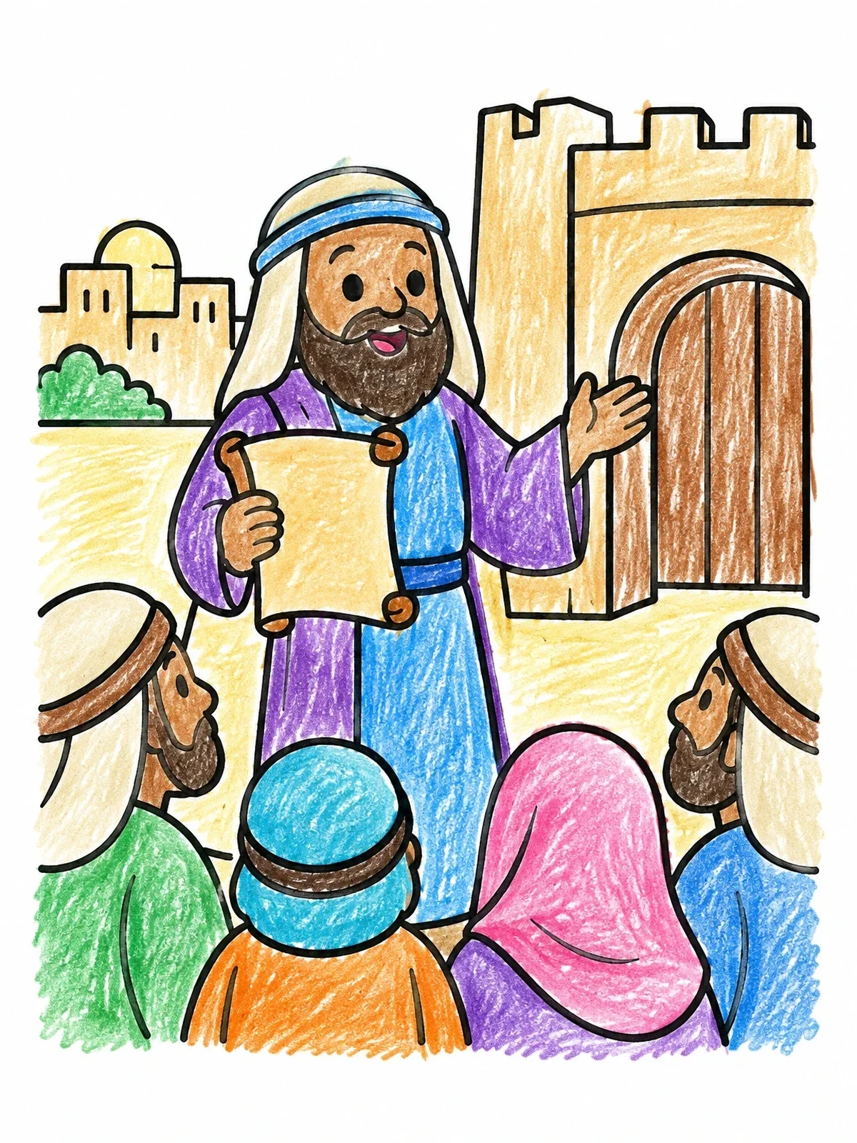 Colored example of the Prophet Malachi Speaking To Townspeople coloring page
