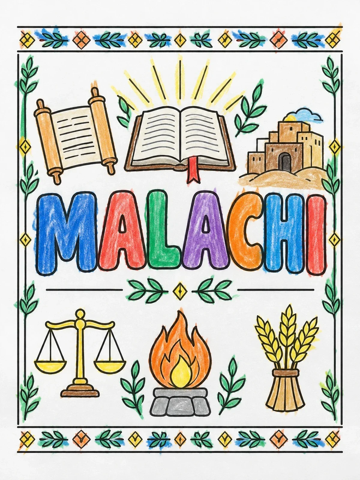 Colored example of the Prophet Malachi Symbols And Lettering coloring page