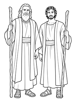 Elijah and Elisha standing together with wooden staffs on this detailed elijah and elisha coloring page.